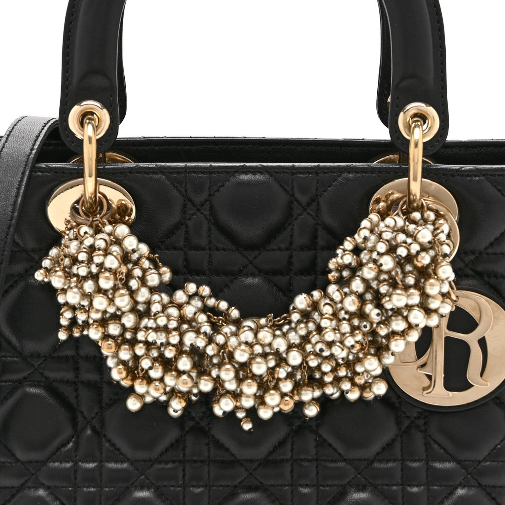 Lambskin Cannage Medium Pearl Lady Dior Black