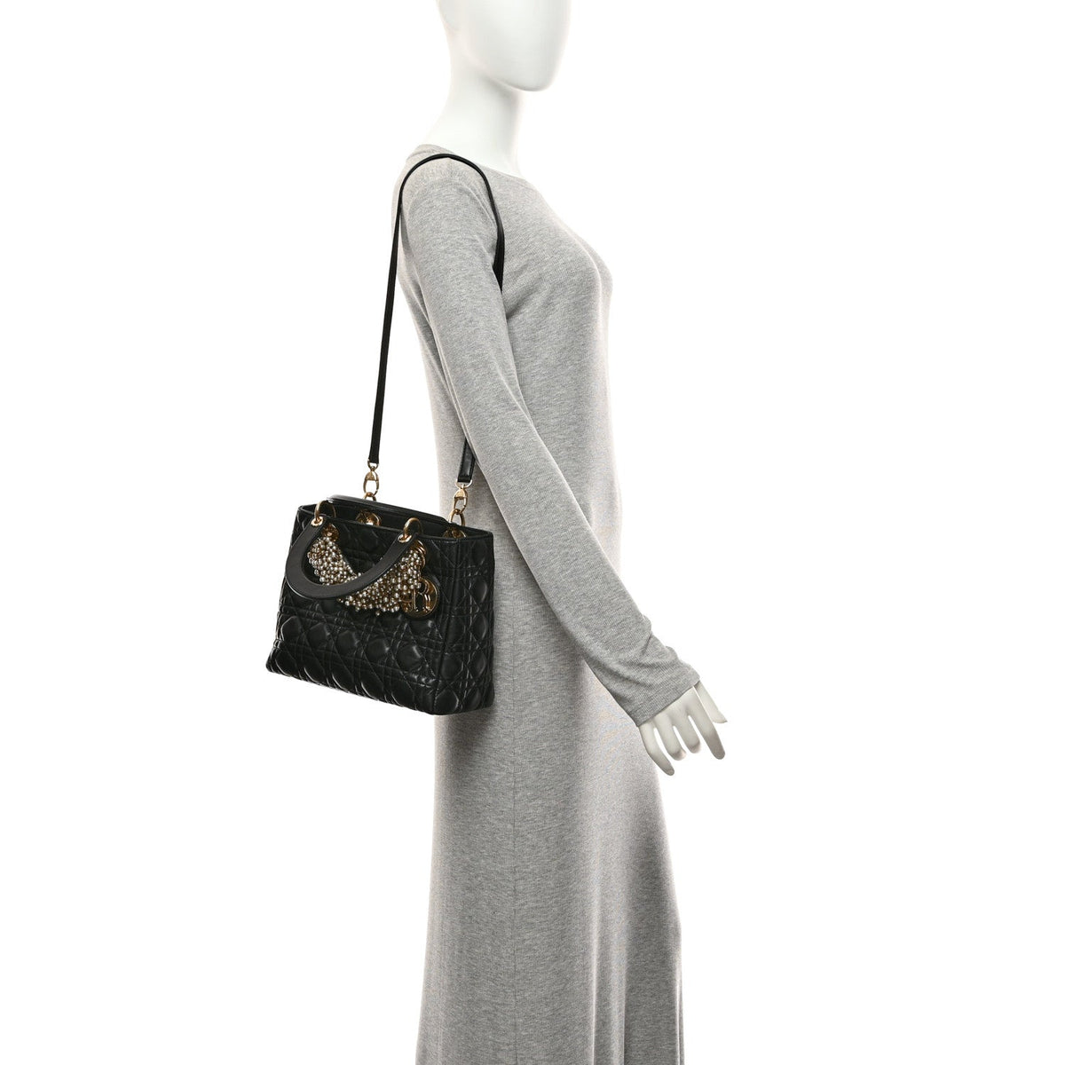 Lambskin Cannage Medium Pearl Lady Dior Black