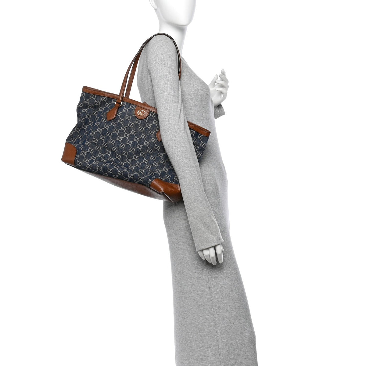 New Denim GG Monogram Medium Ophidia Shopping Tote Blue Tea Cuir