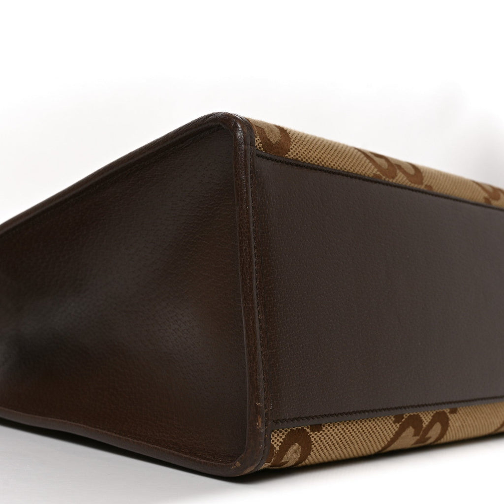 Monogram Jumbo GG Textured Dollar Calfskin Web Small Tote Bag Camel Ebony New Acero