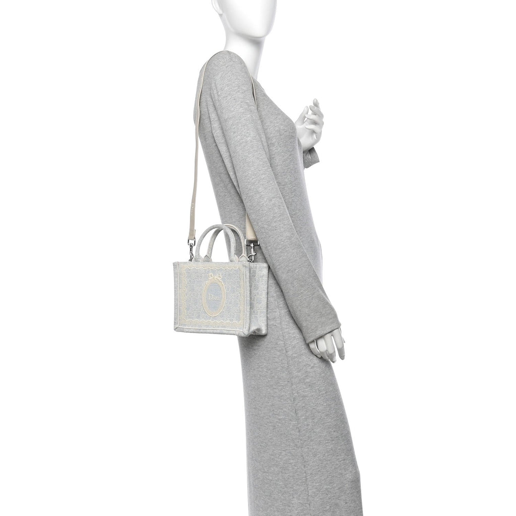 Washed Embroidery Oblique Lace Dior Medallion Mini Book Tote With Strap Celeste Blue Ecru