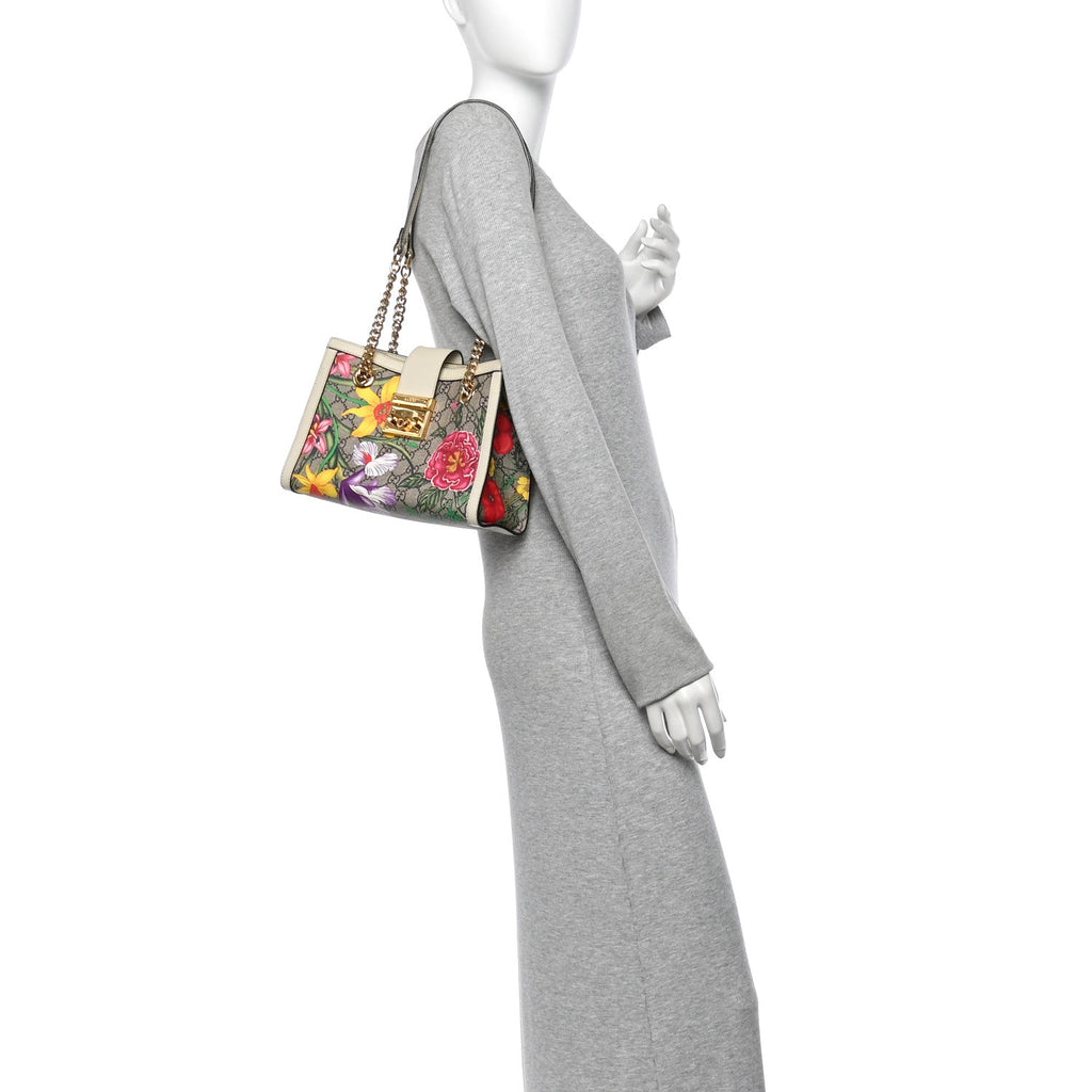 GG Supreme Monogram Flora Textured Calfskin Small Padlock Tote Beige Ebony Multicolor Mystic White