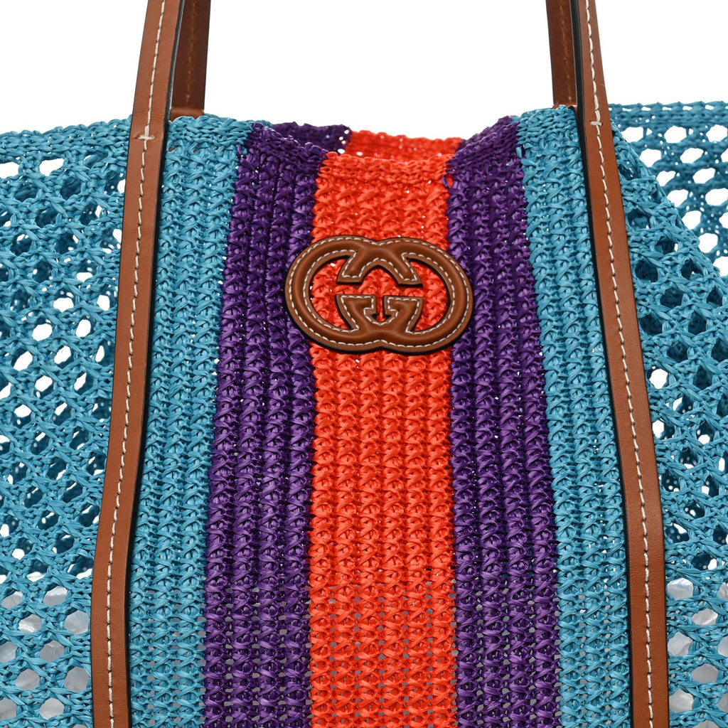 Raffia Web Woven Interlocking G Tote Blue Multicolor