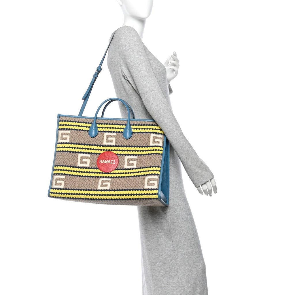 Fabric Embroidered Hawaii Striped Tote Bag Blue
