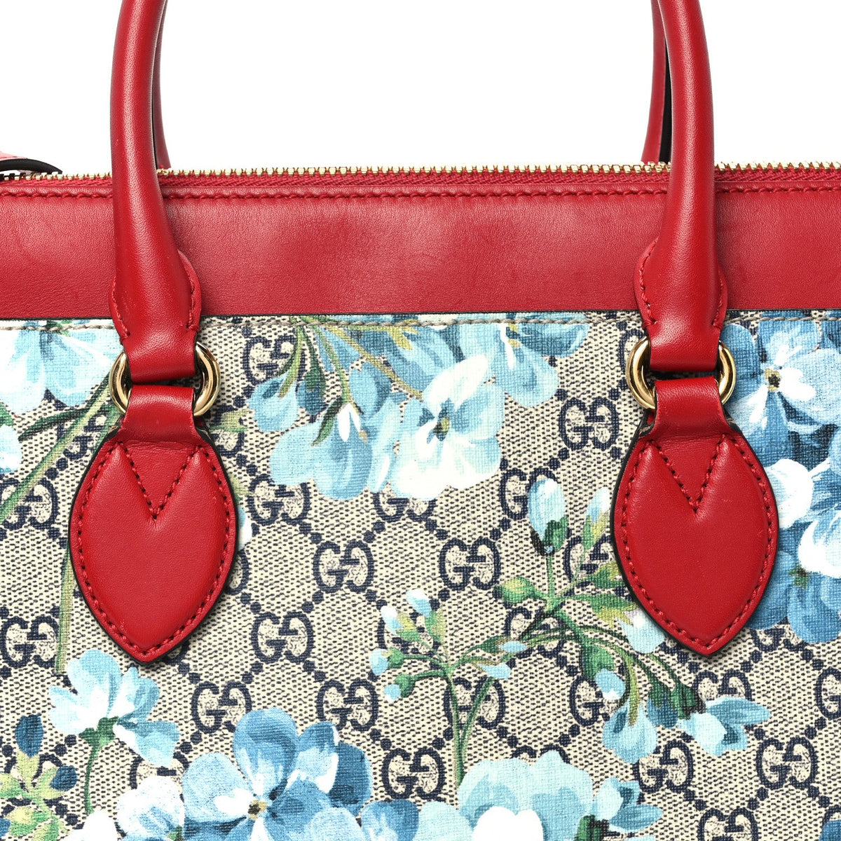 GG Supreme Monogram Blooms Medium Zip Top Tote Beige Blue Navy Hibiscus Red