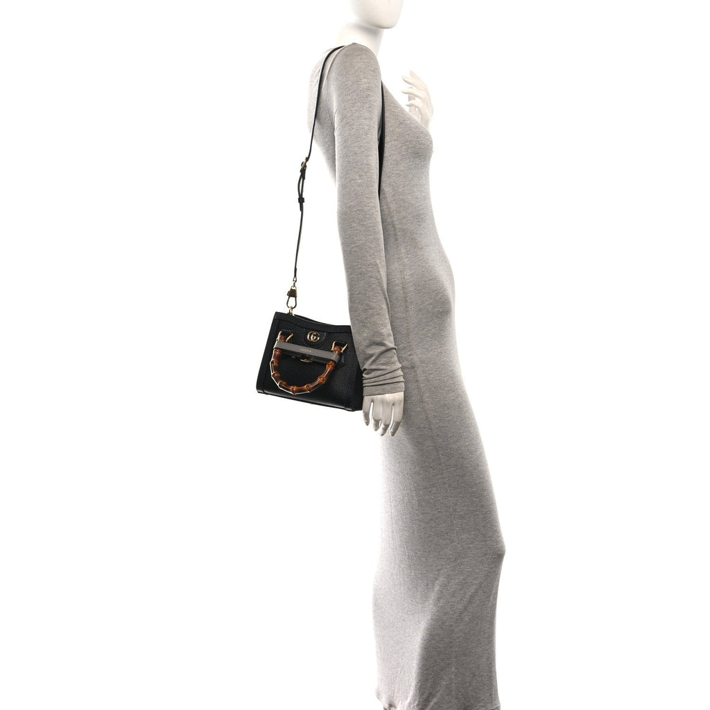 Textured Dollar Calfskin Web Mini Diana Tote Bag Black Dusty Grey