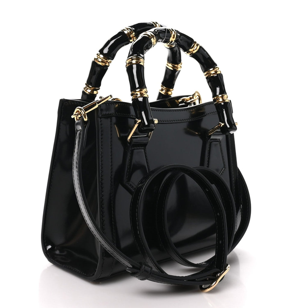 Shiny Polished Calfskin Small Diana Tote Bag Black
