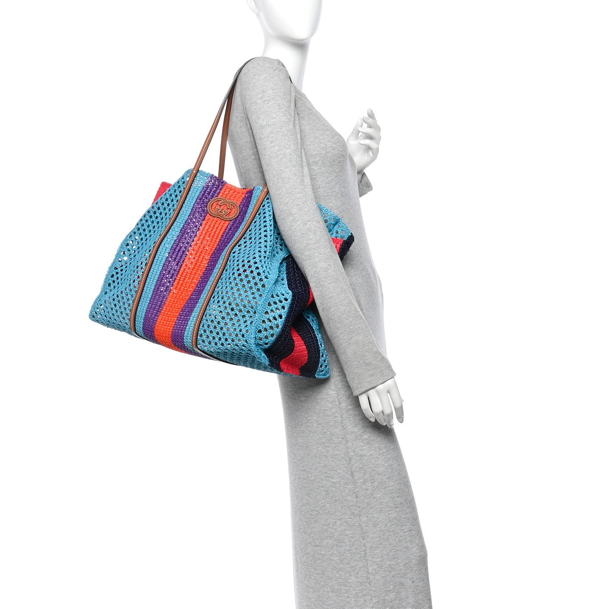 Raffia Web Woven Interlocking G Tote Blue Multicolor