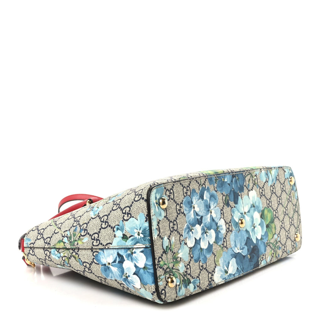 GG Supreme Monogram Blooms Medium Zip Top Tote Beige Blue Navy Hibiscus Red