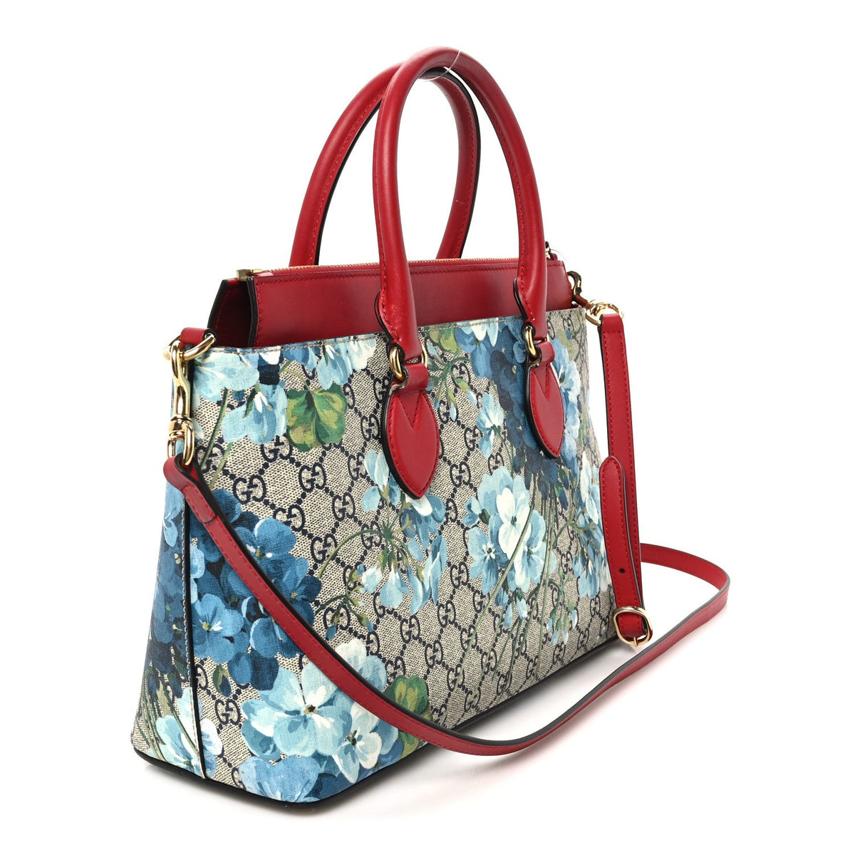 GG Supreme Monogram Blooms Medium Zip Top Tote Beige Blue Navy Hibiscus Red