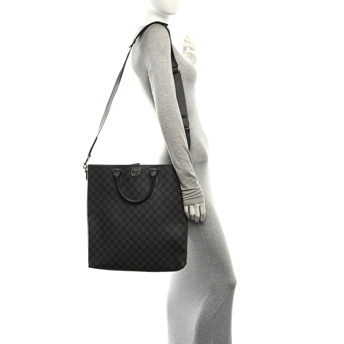 GG Supreme Monogram Textured Dollar Calfskin Ophidia Tote Grey Black Graphite Grey