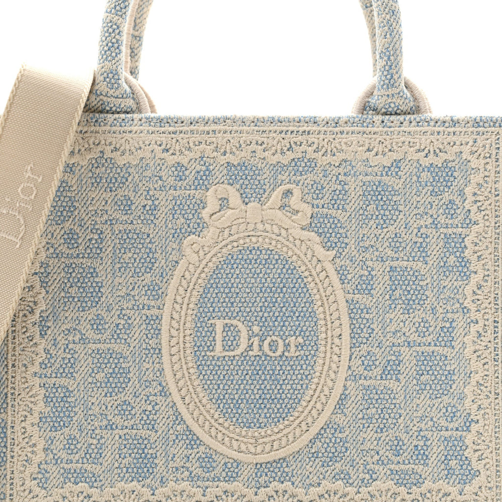 Washed Embroidery Oblique Lace Dior Medallion Mini Book Tote With Strap Celeste Blue Ecru