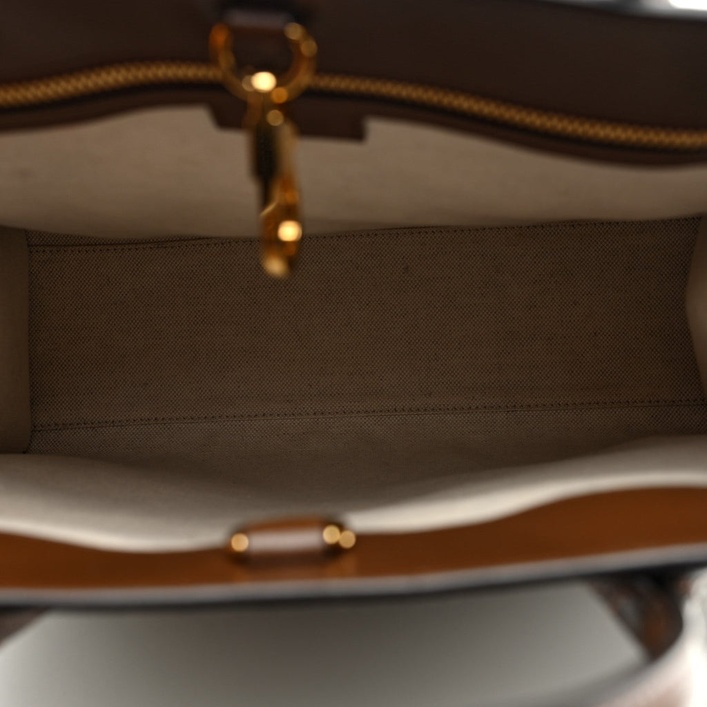 GG Supreme Monogram Textured Dollar Calfskin Web Small Retro Interlocking G Vertical Tote Bag Beige Ebony Brown Sugar