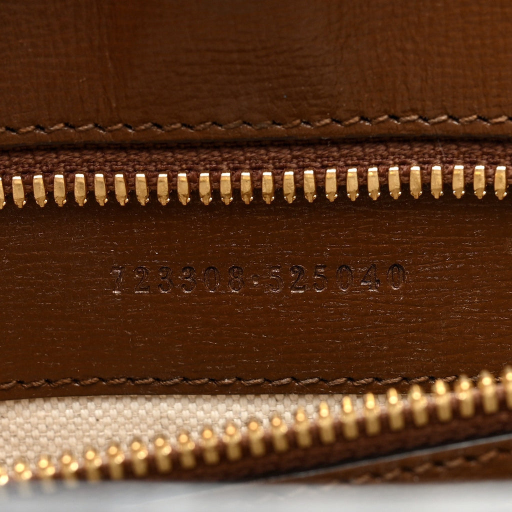 GG Supreme Monogram Textured Dollar Calfskin Web Small Retro Interlocking G Vertical Tote Bag Beige Ebony Brown Sugar