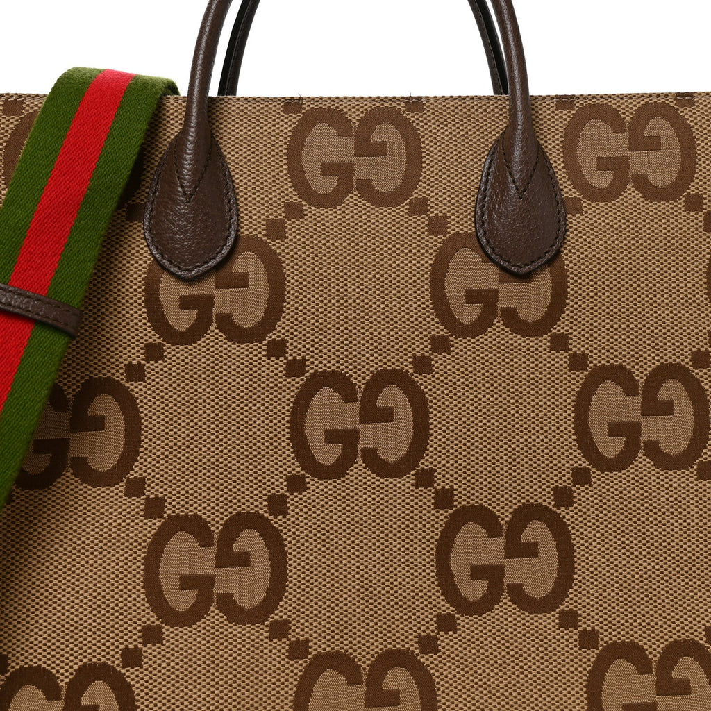 Monogram Jumbo GG Textured Dollar Calfskin Web Small Tote Bag Camel Ebony New Acero