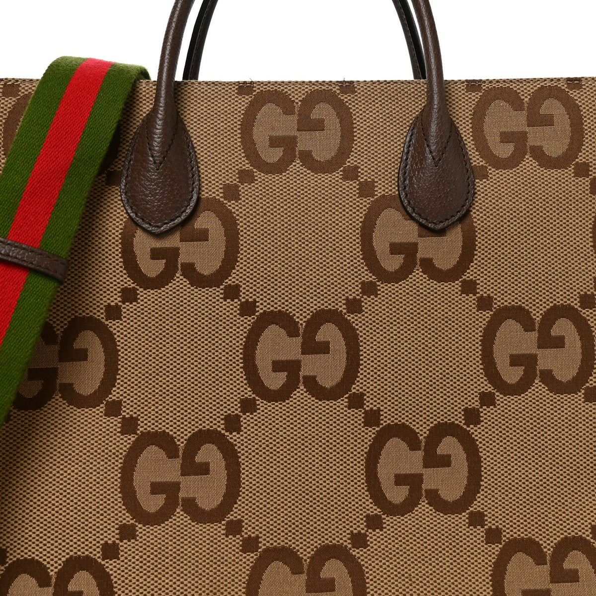 Monogram Jumbo GG Textured Dollar Calfskin Web Small Tote Bag Camel Ebony New Acero