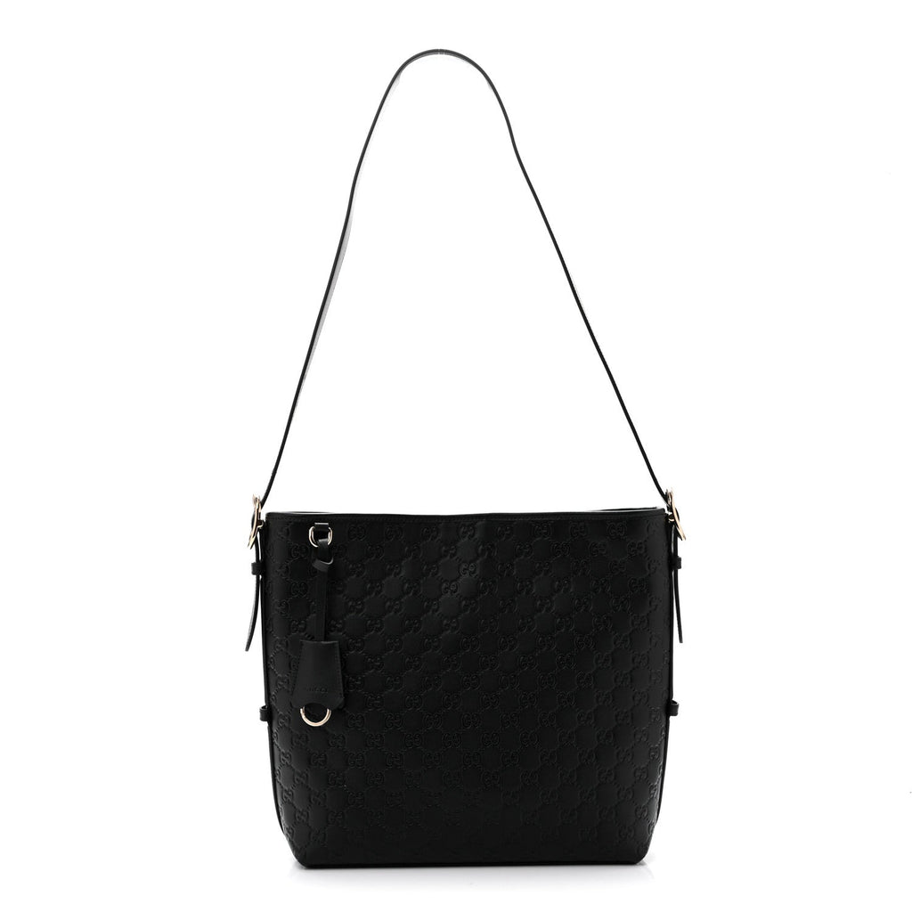 GG Calfskin Embossed Emblem Medium Shoulder Bag Black