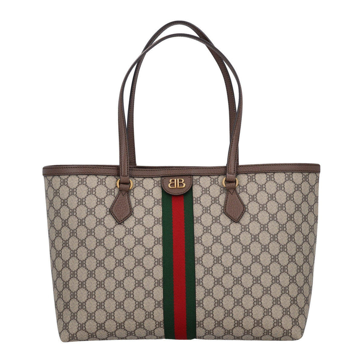 X BALENCIAGA BB Supreme Monogram Web Medium Ophidia Shopping Tote Beige New Acero