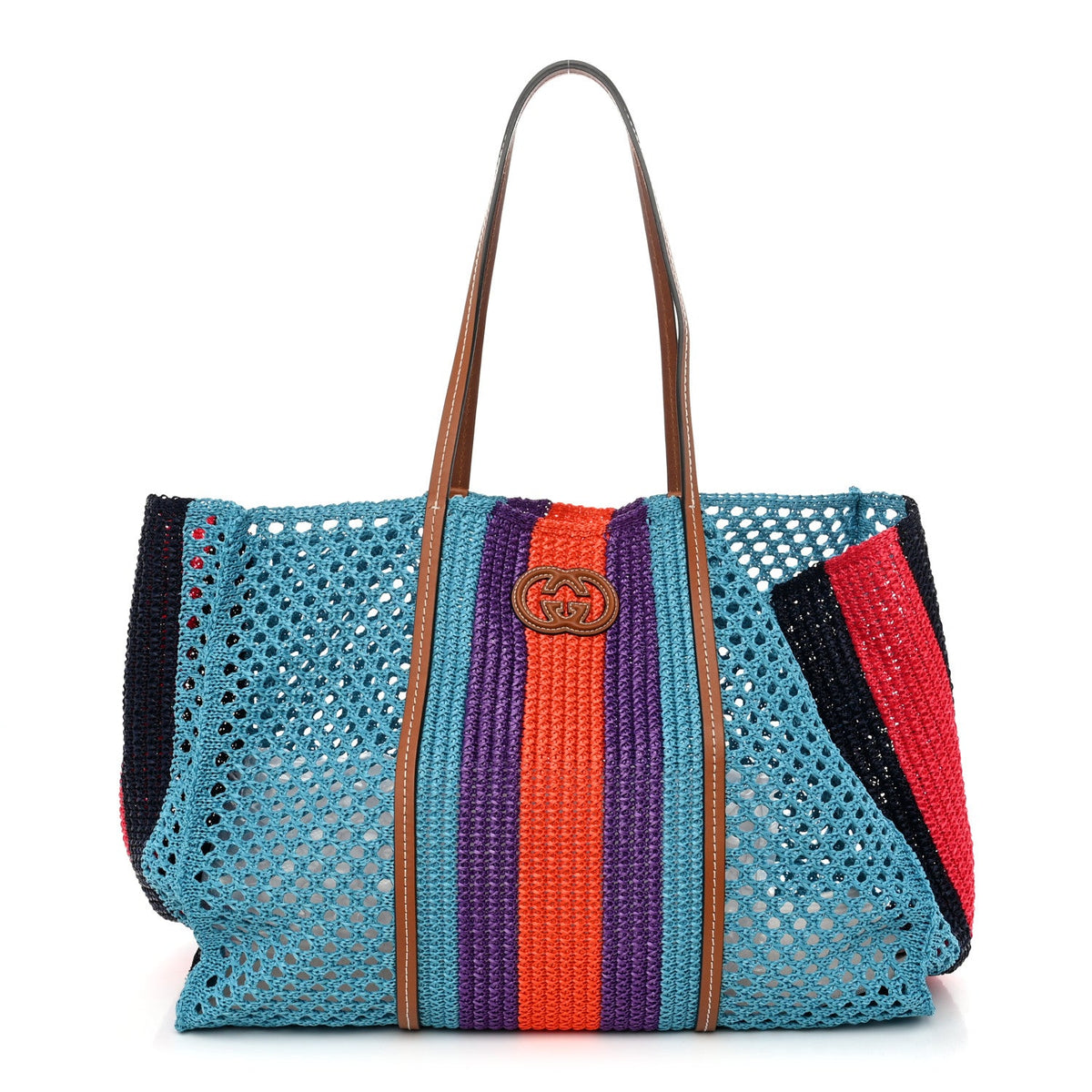 Raffia Web Woven Interlocking G Tote Blue Multicolor