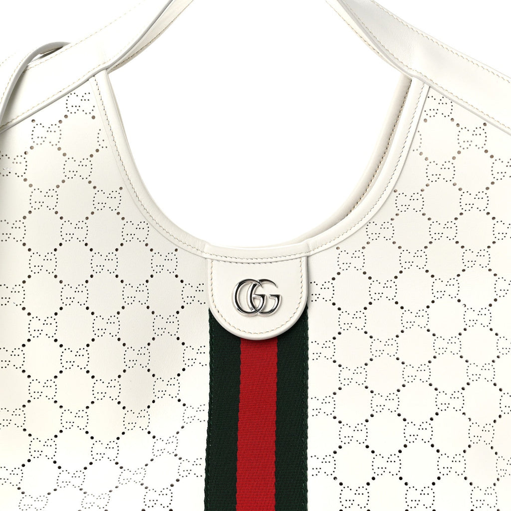 Calfskin Perforated GG Web Small Giglio Tote White