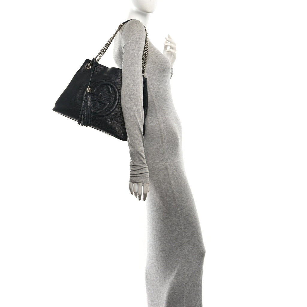 Pebbled Calfskin Medium Soho Chain Shoulder Bag Black