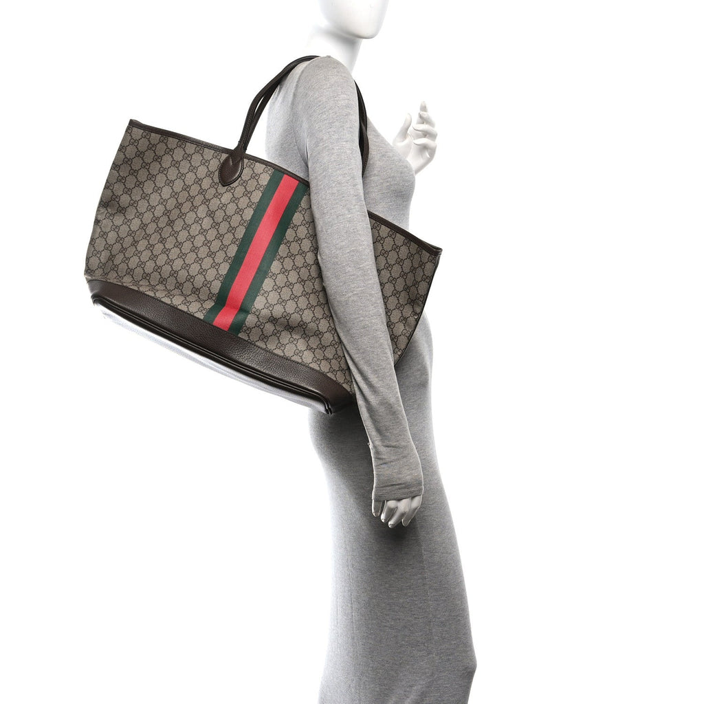 GG Supreme Monogram Textured Dollar Calfskin Web Large Ophidia Tote Beige Ebony New Acero