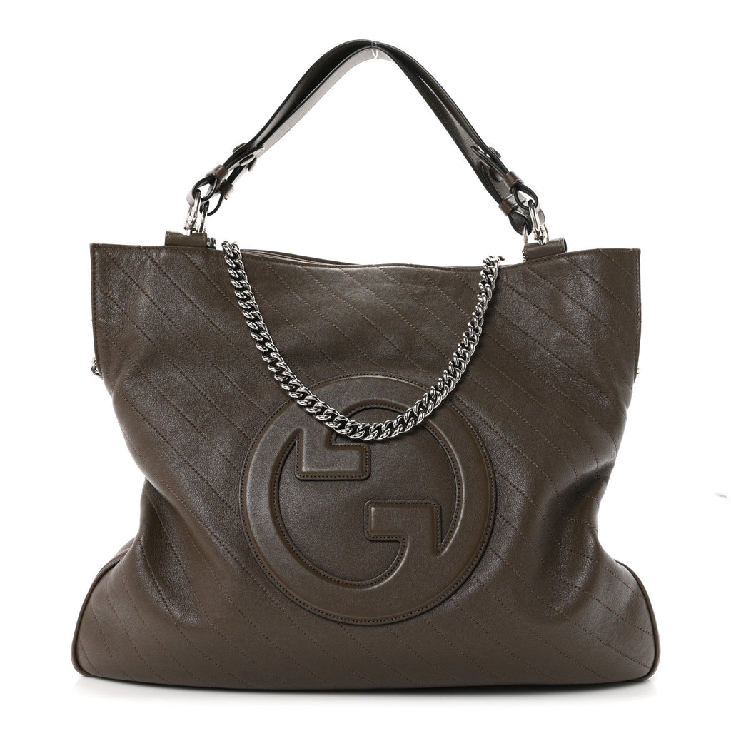 Sakai Be Green Calfskin Diagonal Stitched Medium Blondie Tote Craclet Brown