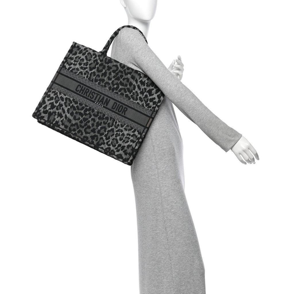 Canvas Mizza Embroidered Large Leopard Book Tote Grey