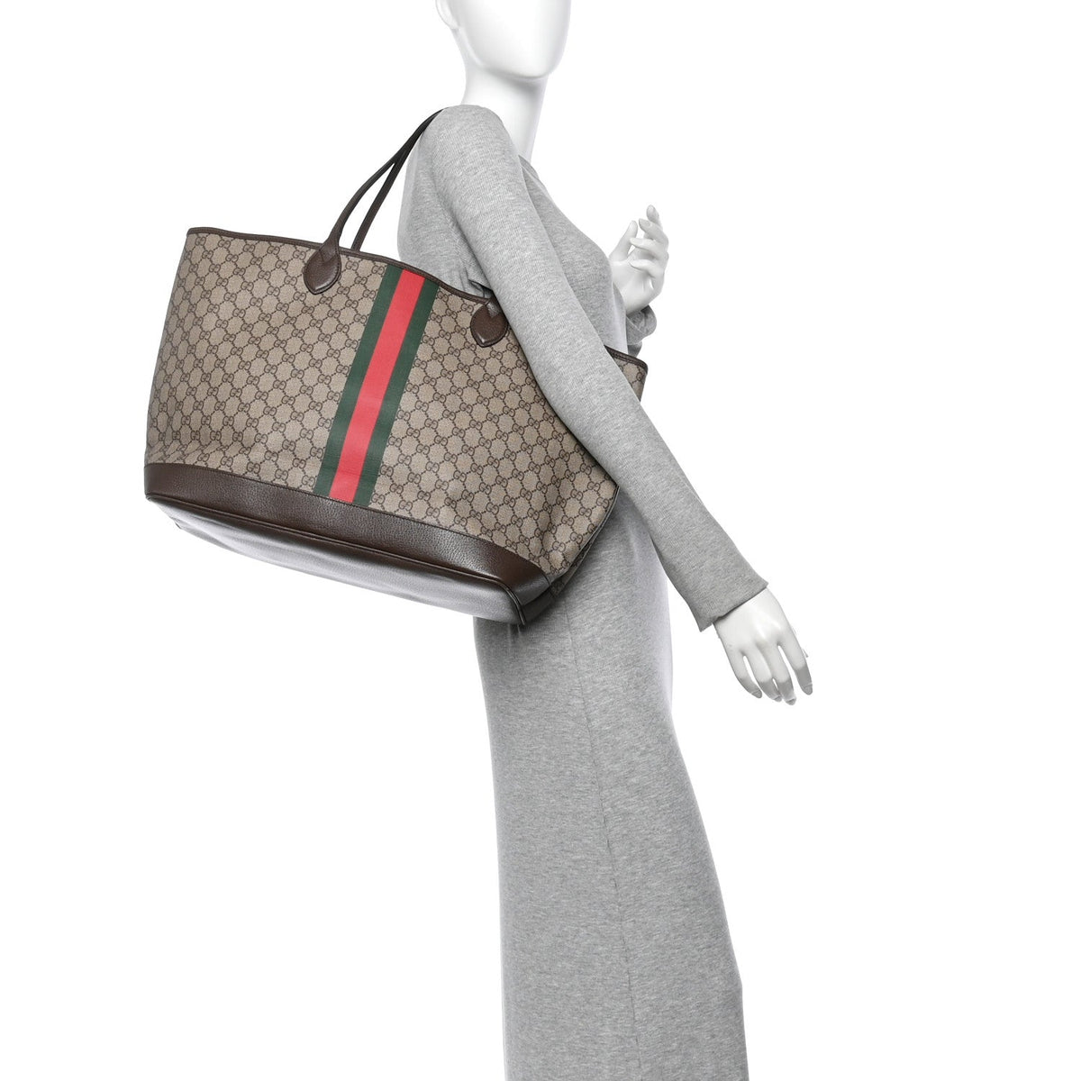 GG Supreme Monogram Textured Dollar Calfskin Web Large Ophidia Tote Beige Ebony New Acero