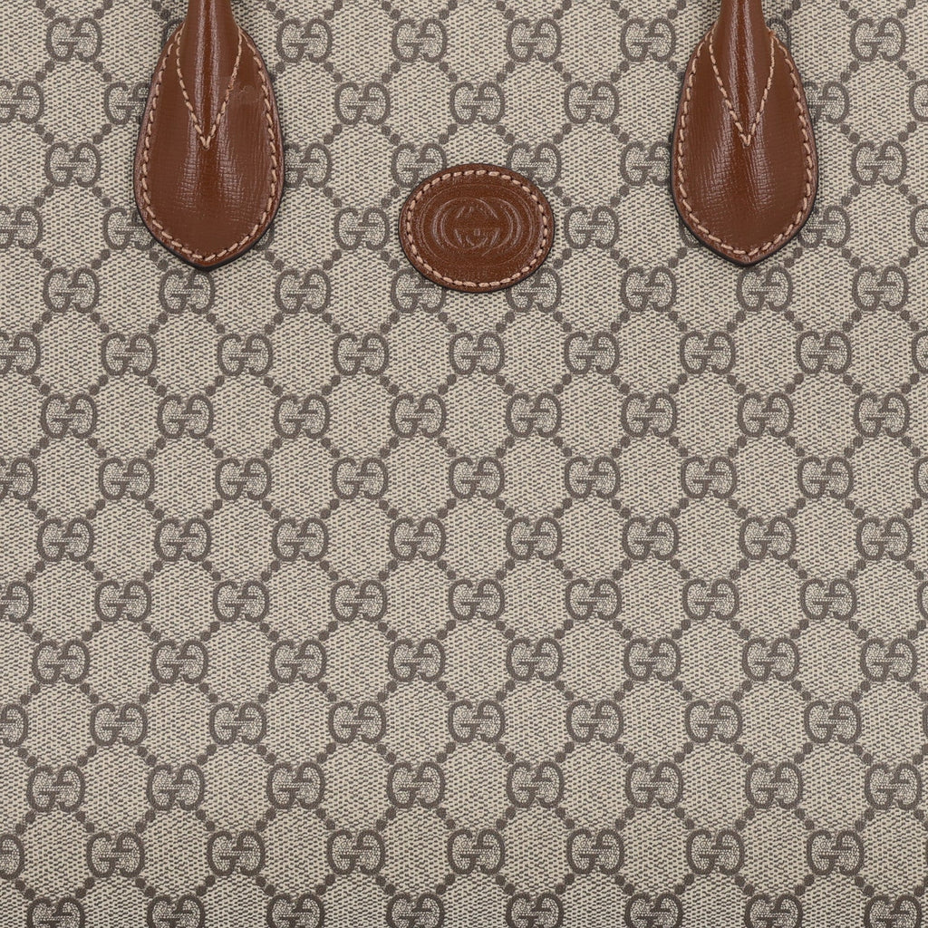 GG Supreme Monogram Azalea Calfskin Small Retro Interlocking G Tote Bag Beige Ebony Brown Sugar
