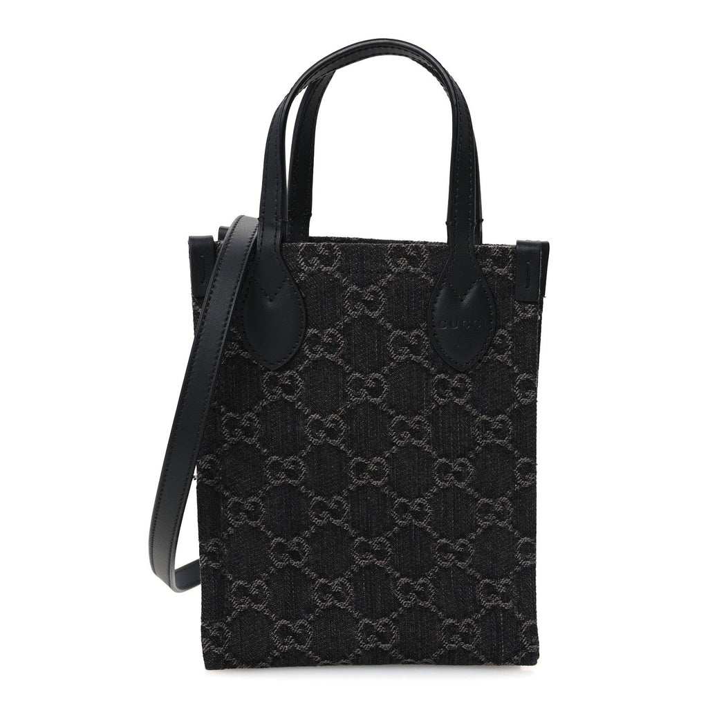 Denim Cuoio Harness GG Monogram Mini Ophidia Tote Bag Black Medium Grey