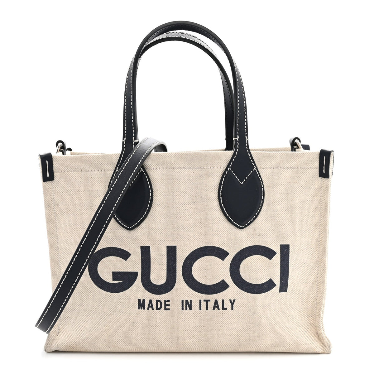 Canvas Calfskin Logo Print Medium Tote Bag Navy