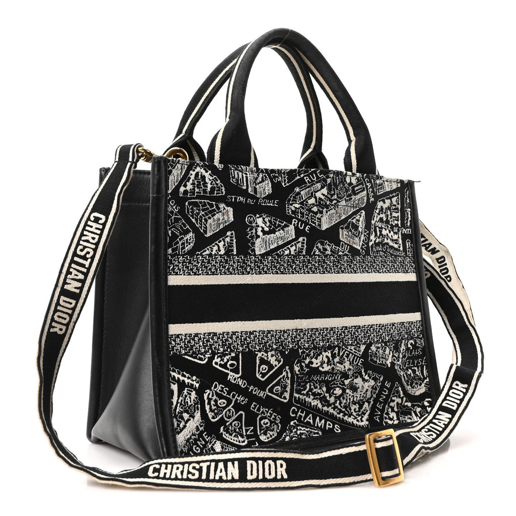 Canvas Calfskin Embroidered Small Plan De Paris Book Tote With Strap Black White