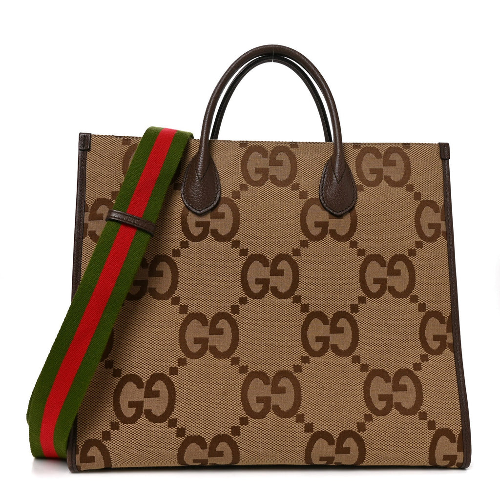 Monogram Jumbo GG Textured Dollar Calfskin Web Small Tote Bag Camel Ebony New Acero