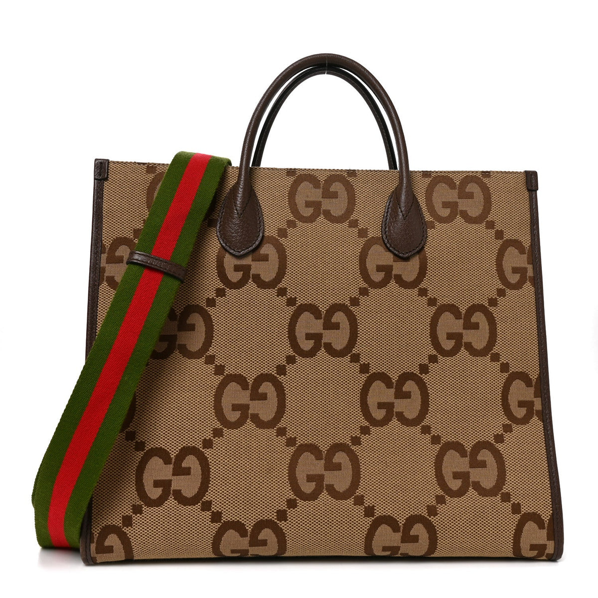 Monogram Jumbo GG Textured Dollar Calfskin Web Small Tote Bag Camel Ebony New Acero