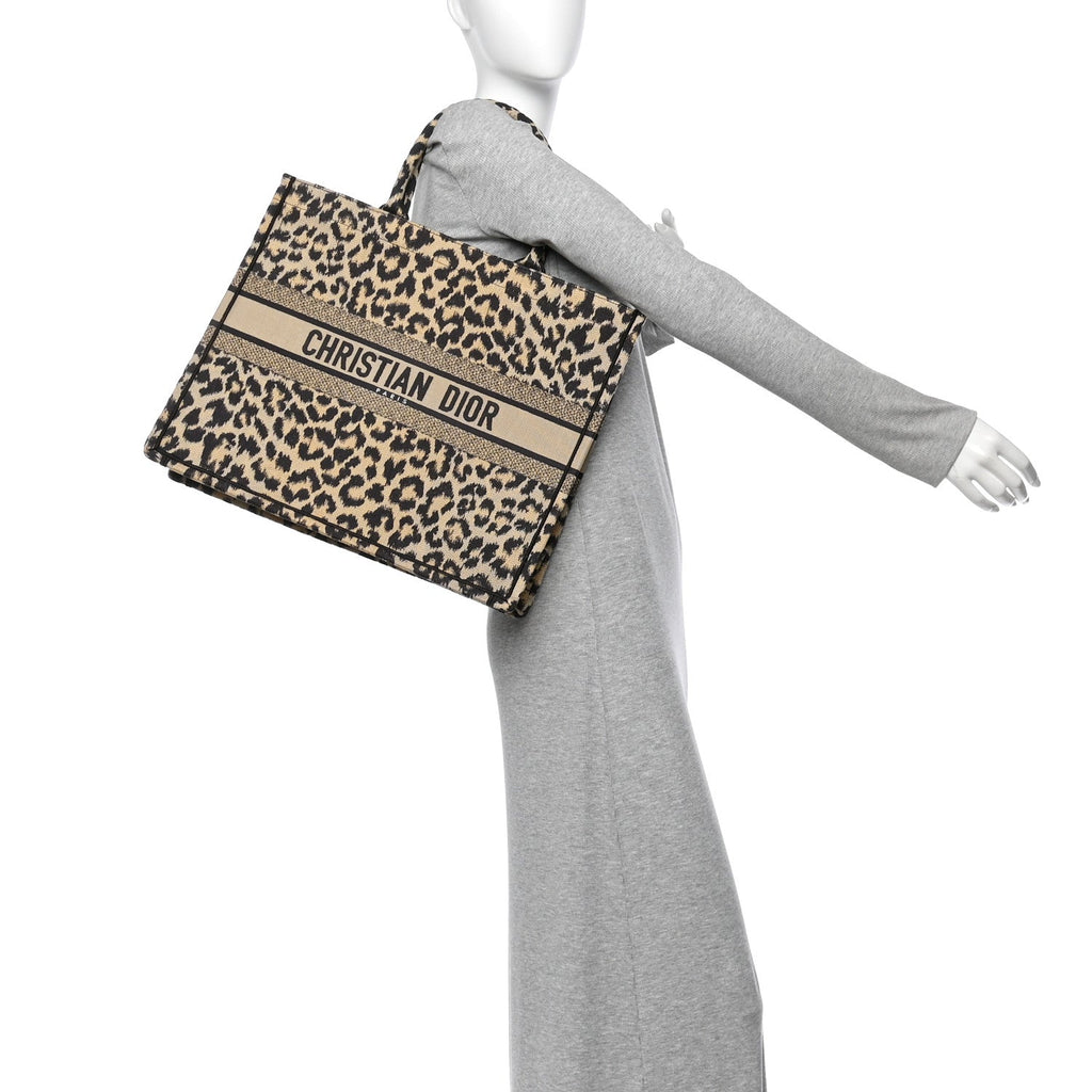 Canvas Mizza Embroidered Large Leopard Book Tote Beige
