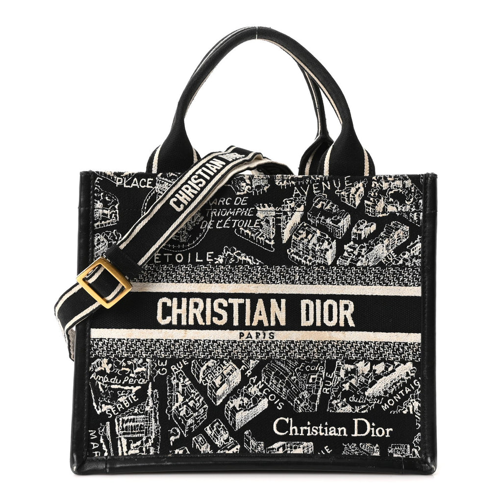 Canvas Calfskin Embroidered Small Plan De Paris Book Tote With Strap Black White