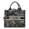 Canvas Calfskin Embroidered Small Plan De Paris Book Tote With Strap Black White