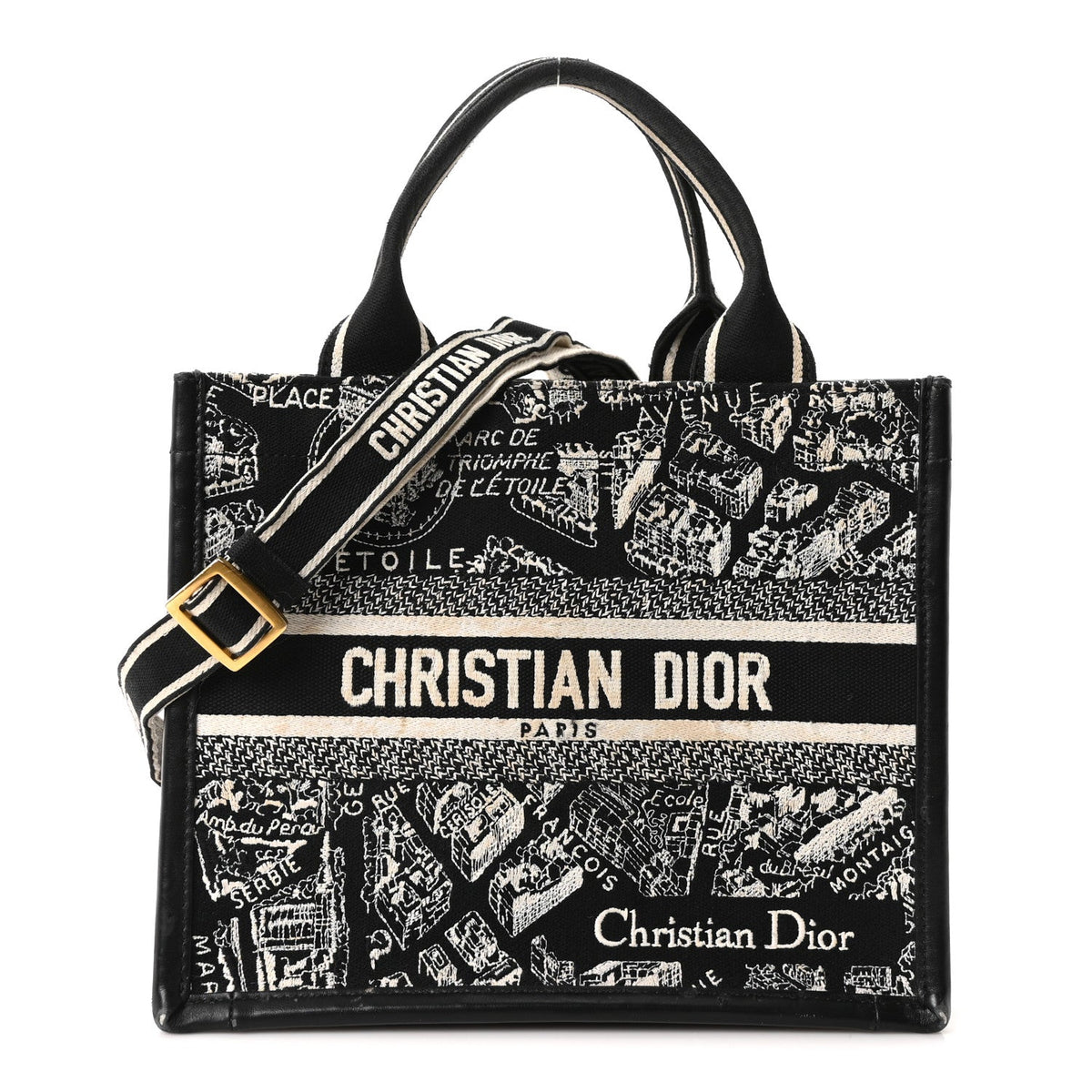 Canvas Calfskin Embroidered Small Plan De Paris Book Tote With Strap Black White