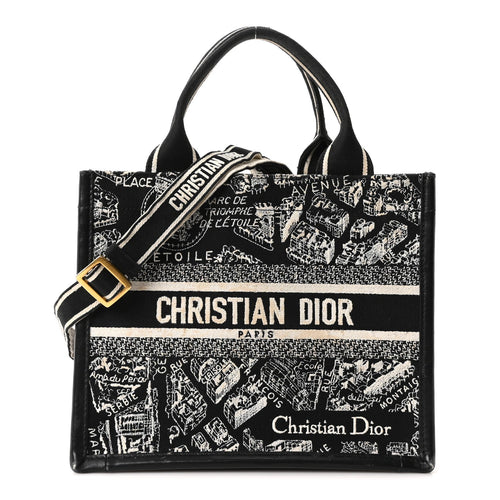 Canvas Calfskin Embroidered Small Plan De Paris Book Tote With Strap Black White