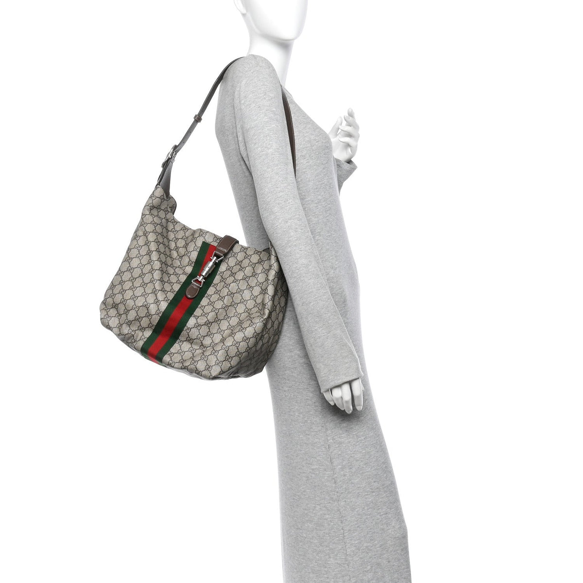 Tender GG Supreme Monogram Textured Dollar Calfskin Web Medium Jackie 1961 Crossbody Bag Beige Ebony New Acero