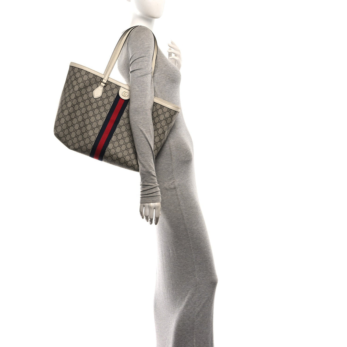 GG Supreme Monogram Textured Dollar Calfskin Web Medium Ophidia Shopping Tote Beige Ebony Mystic White
