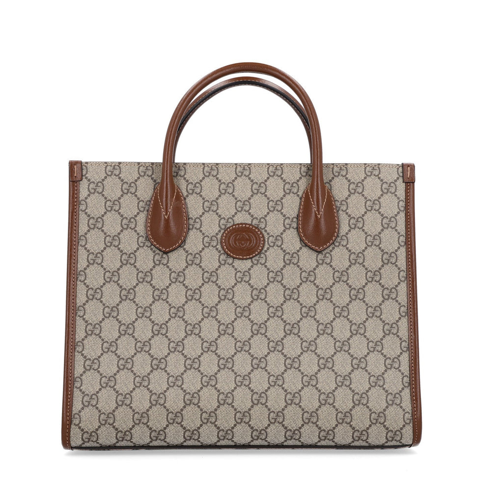 GG Supreme Monogram Azalea Calfskin Small Retro Interlocking G Tote Bag Beige Ebony Brown Sugar