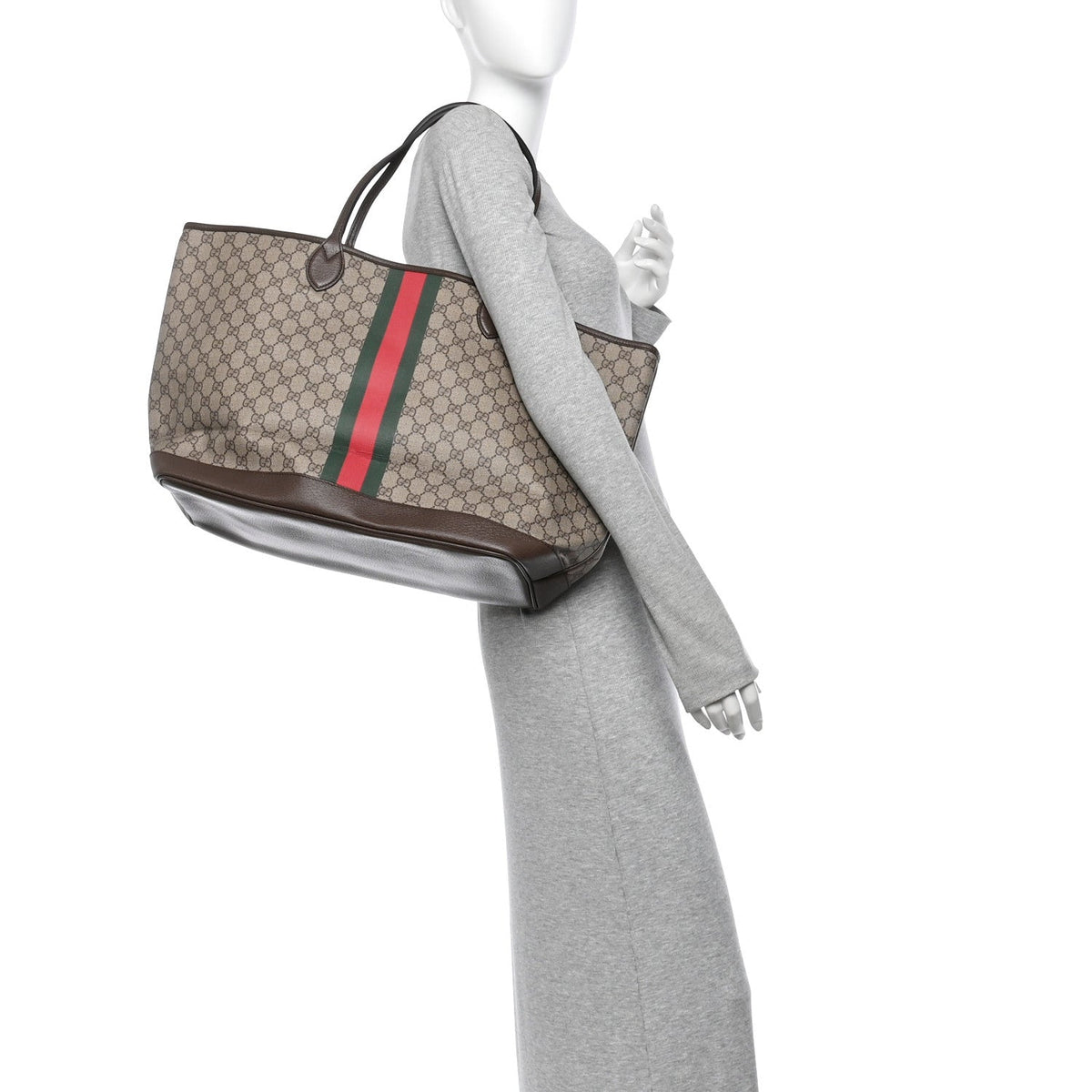 GG Supreme Monogram Textured Dollar Calfskin Web Large Ophidia Tote Beige Ebony New Acero