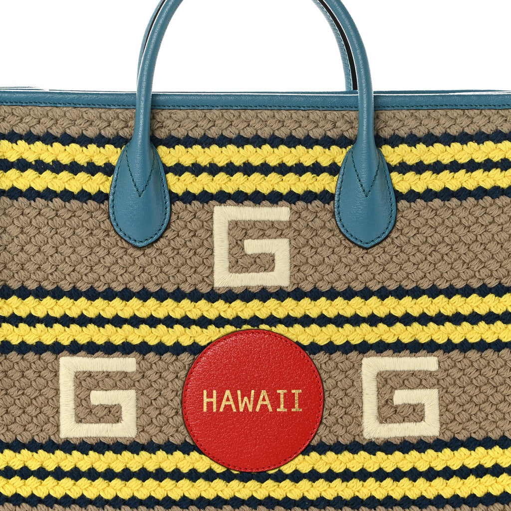 Fabric Embroidered Hawaii Striped Tote Bag Blue