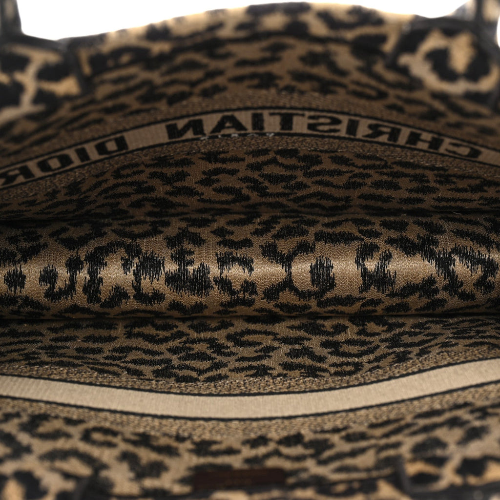 Canvas Mizza Embroidered Large Leopard Book Tote Beige