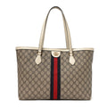 GG Supreme Monogram Textured Dollar Calfskin Web Medium Ophidia Shopping Tote Beige Ebony Mystic White