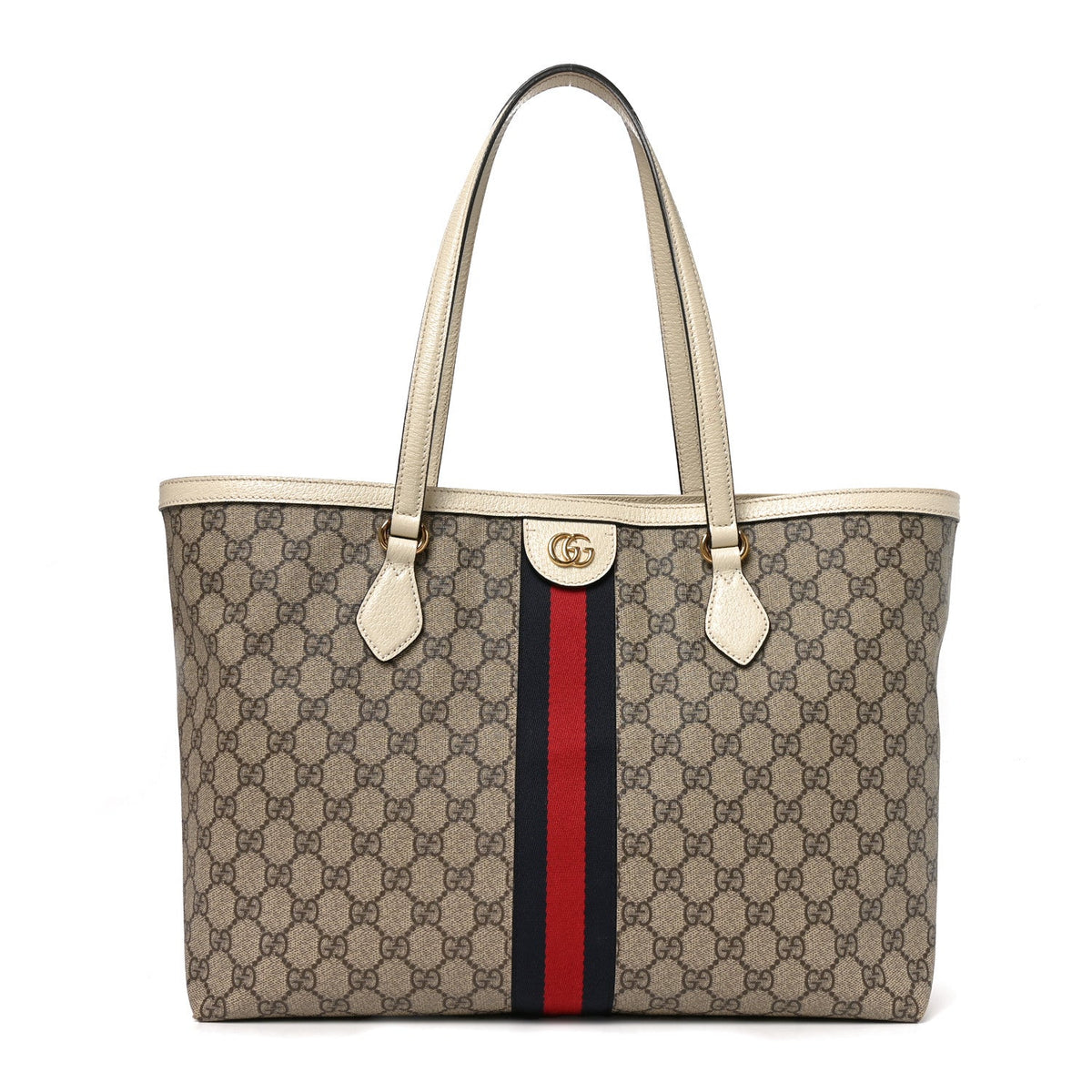 GG Supreme Monogram Textured Dollar Calfskin Web Medium Ophidia Shopping Tote Beige Ebony Mystic White