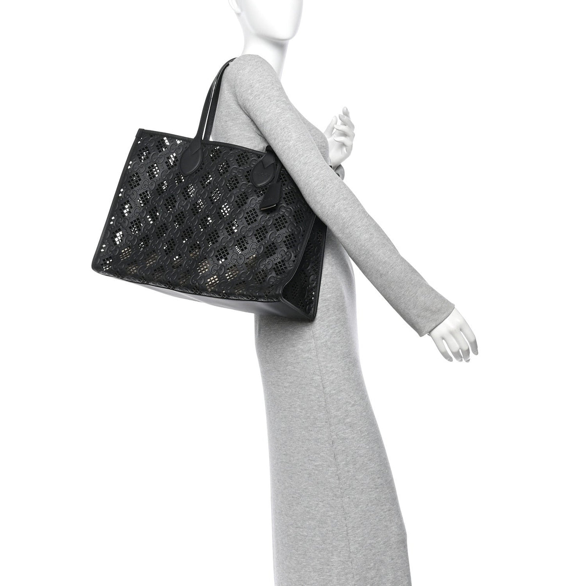 Calfskin GG Monogram Diamond Cut Medium Ophidia Tote Bag Black