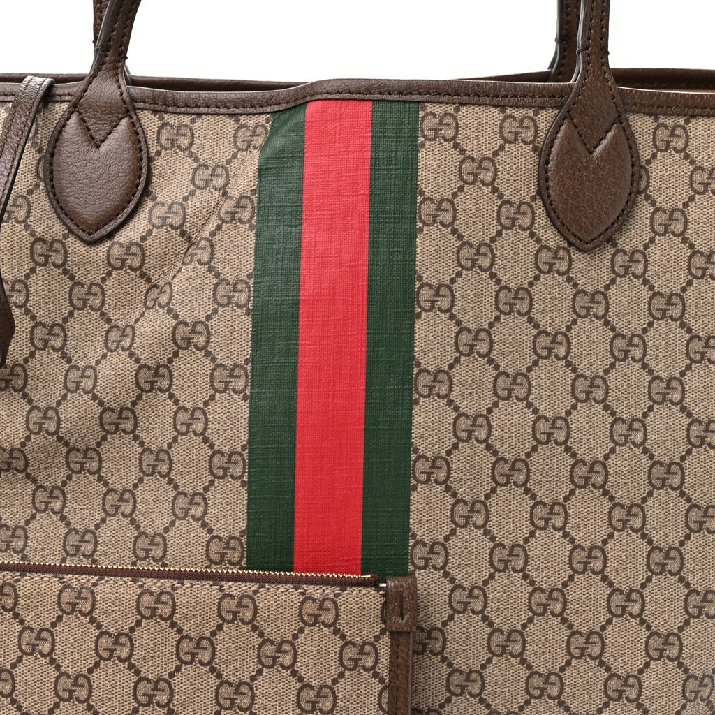 GG Supreme Monogram Textured Dollar Calfskin Web Large Ophidia Tote Beige Ebony New Acero